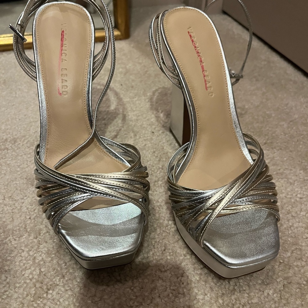 Veronica Beard Metallic Silver Strappy Heels